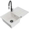 Mexen Bruno 1-bowl granite sink with drainer and Savita kitchen tap, white - 6513-20-672601-70