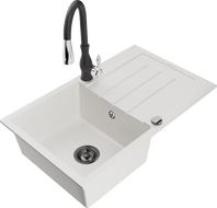 Mexen Bruno Granitspüle 1-Becken mit Abtropffläche und Küchenarmatur Savita, weiß - 6513-20-672601-70