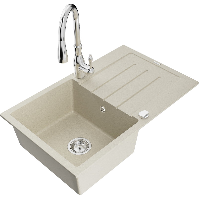 Mexen Bruno Granit spoelbak 1-kamer met afdruiprek en keukenmengkraan Savita, beige - 6513-69-672601-00