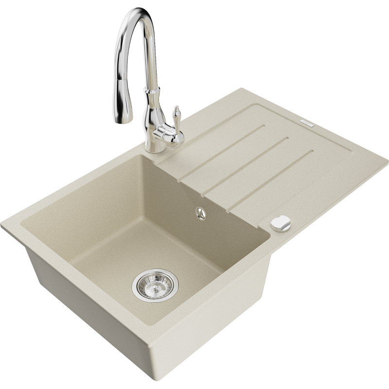 Mexen Bruno lava-louça de granito 1-cuba com escorredor e torneira de cozinha Savita, bege - 6513-69-672601-00