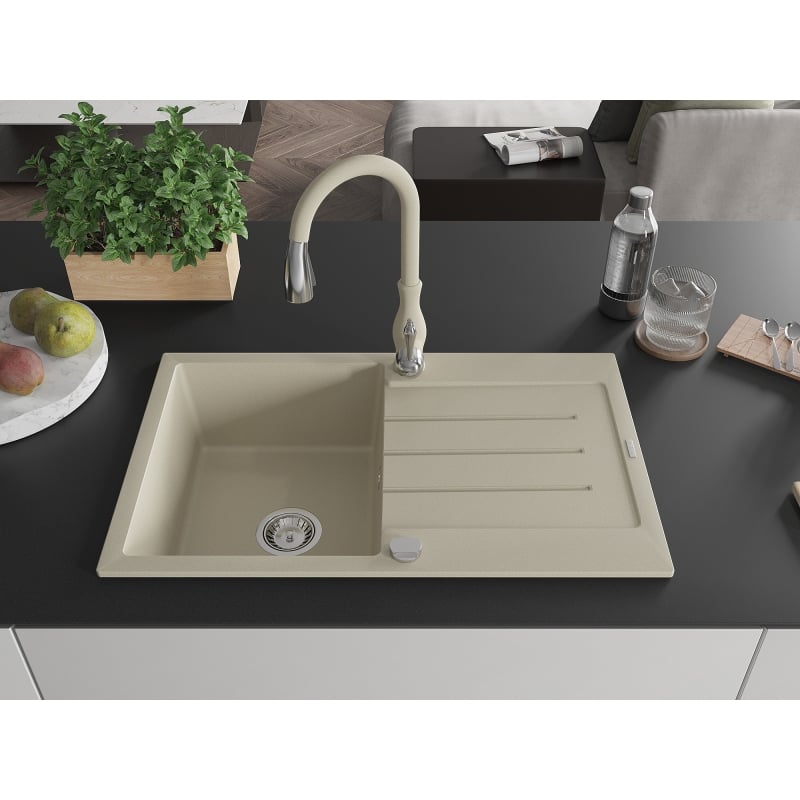 Mexen Bruno 1-bowl granite kitchen sink with drainer and Savita kitchen faucet, beige - 6513-69-672601-69
