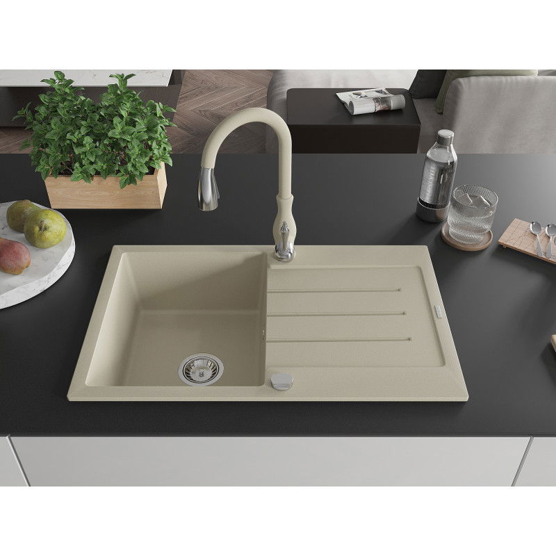 Mexen Bruno fregadero de granito de 1 seno con escurridor y grifo de cocina Savita, beige - 6513-69-672601-69