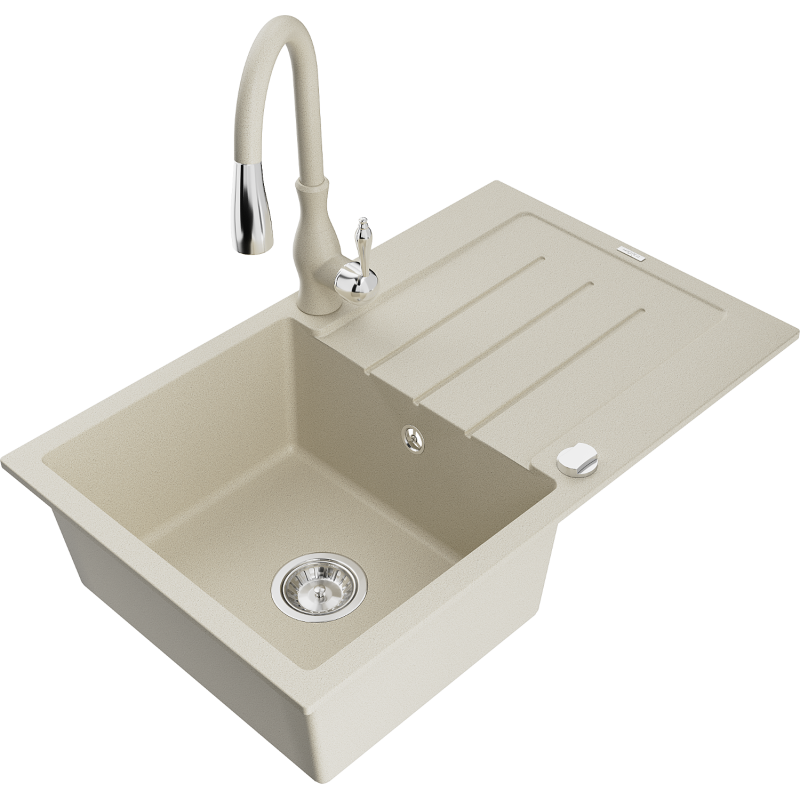 Mexen Bruno fregadero de granito de 1 seno con escurridor y grifo de cocina Savita, beige - 6513-69-672601-69