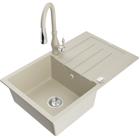 Mexen Bruno 1-bowl granite kitchen sink with drainer and Savita kitchen faucet, beige - 6513-69-672601-69