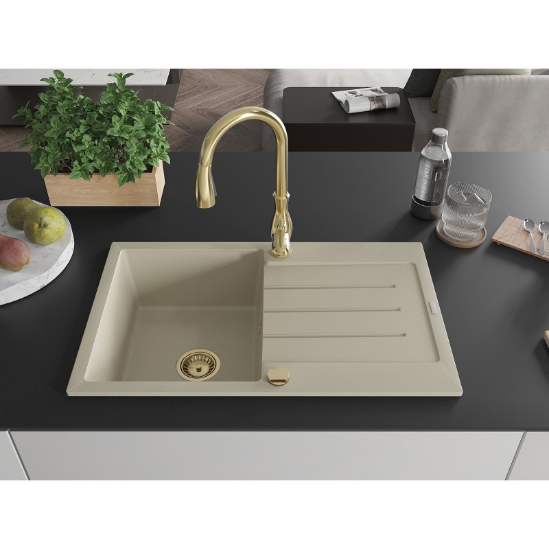 Mexen Bruno granit gootsteen 1-komoren met afdruiprek en keukenmengkraan Savita, beige - 6513-69-672601-50
