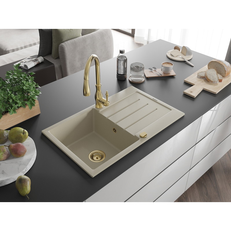 Mexen Bruno fregadero de granito de 1 seno con escurridor y grifo de cocina Savita, beige - 6513-69-672601-50