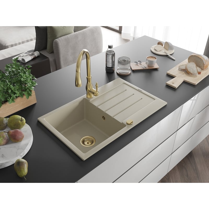 Mexen Bruno granite sink 1-bowl with drainer and Savita kitchen faucet, beige - 6513-69-672601-50