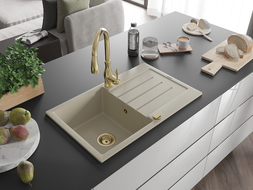 Mexen Bruno évier en granit 1 bac avec égouttoir et robinet de cuisine Savita, beige - 6513-69-672601-50