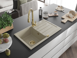 Mexen Bruno lavello in granito 1 vasca con scolapiatti e rubinetto da cucina Savita, beige - 6513-69-672601-50