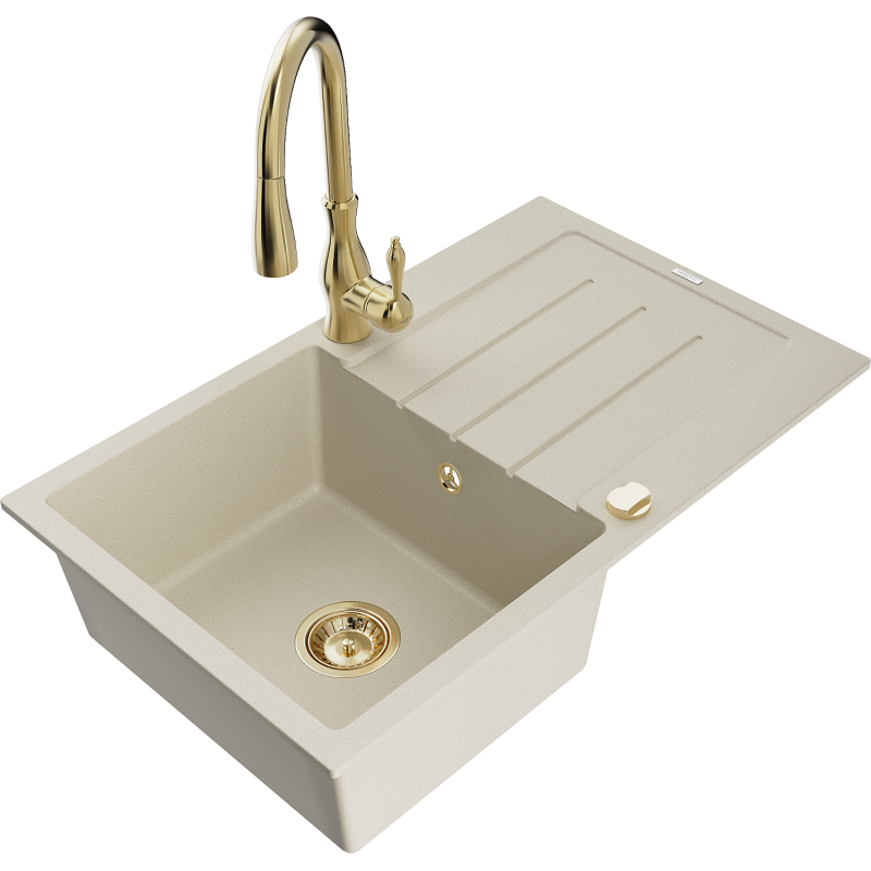 Mexen Bruno fregadero de granito de 1 cubeta con escurridor y grifo de cocina Savita, beige - 6513-69-672601-50