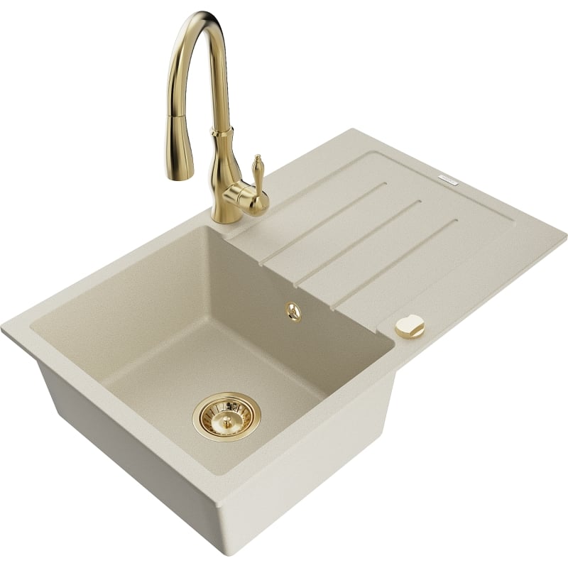 Mexen Bruno granite sink 1-bowl with drainer and Savita kitchen faucet, beige - 6513-69-672601-50