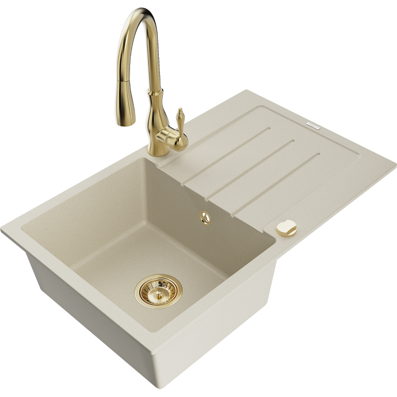 Mexen Bruno Granitspüle 1-beckig mit Abtropffläche und Küchenarmatur Savita, beige - 6513-69-672601-50