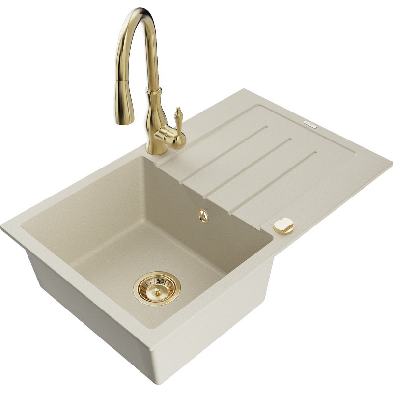 Mexen Bruno lava-loiça em granito de 1 cubas com escorredor e torneira de cozinha Savita, bege - 6513-69-672601-50