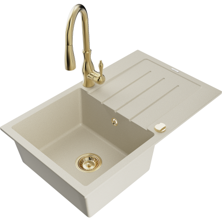 Mexen Bruno Granitspüle 1-beckig mit Abtropffläche und Küchenarmatur Savita, beige - 6513-69-672601-50