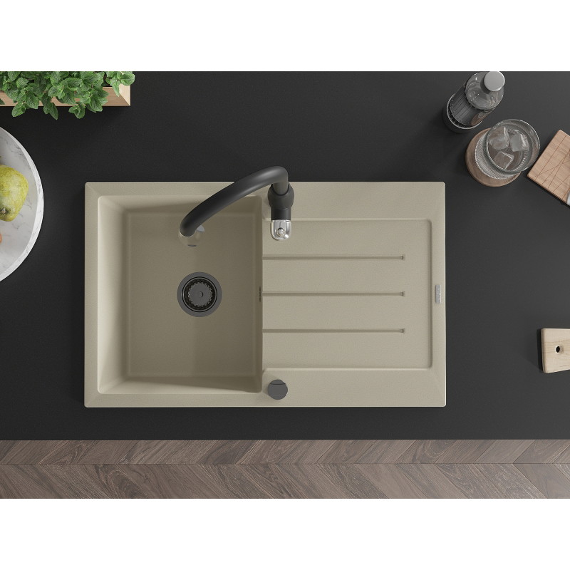 Mexen Bruno fregadero de granito de 1 cámara con escurridor y grifo de cocina Savita, beige - 6513-69-672601-70