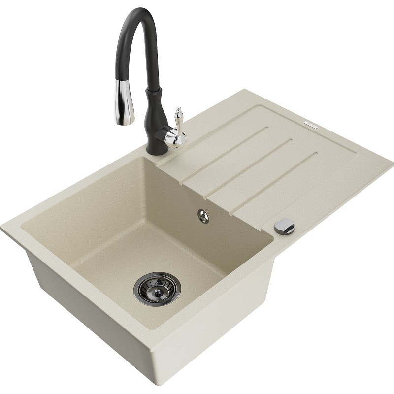 Mexen Bruno fregadero de granito de 1 cubeta con escurridor y grifo de cocina Savita, beige - 6513-69-672601-70