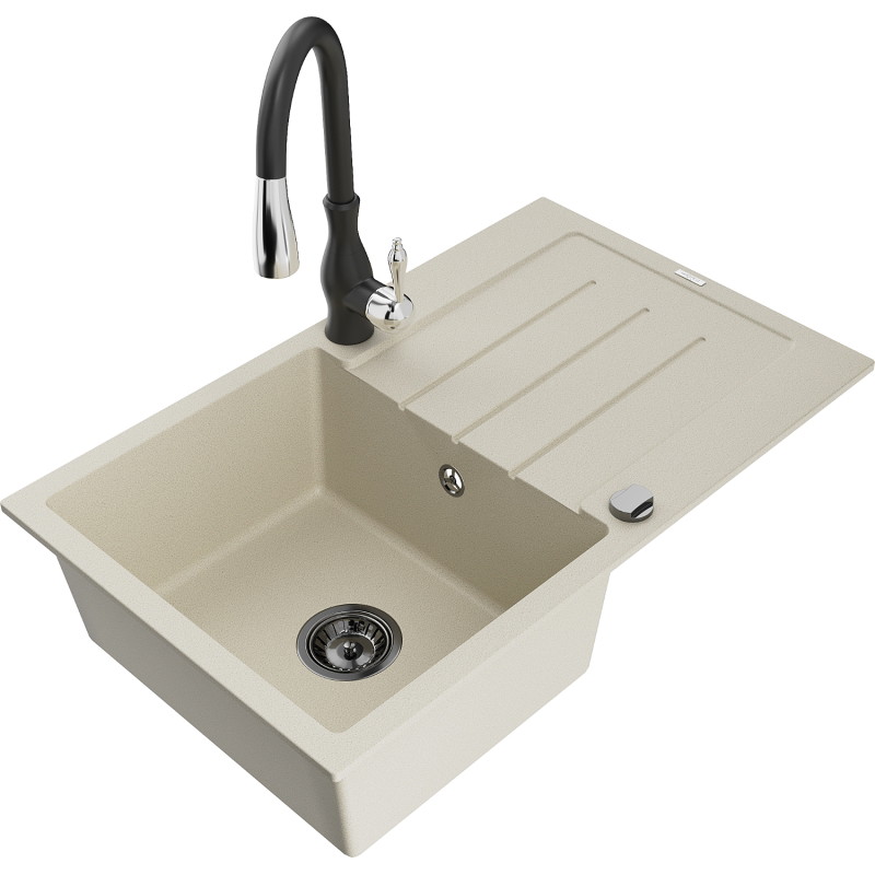 Mexen Bruno fregadero de granito de 1 seno con escurridor y grifo de cocina Savita, beige - 6513-69-672601-70