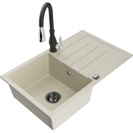 Mexen Bruno Granitspüle 1-Becken mit Abtropffläche und Küchenarmatur Savita, beige - 6513-69-672601-70