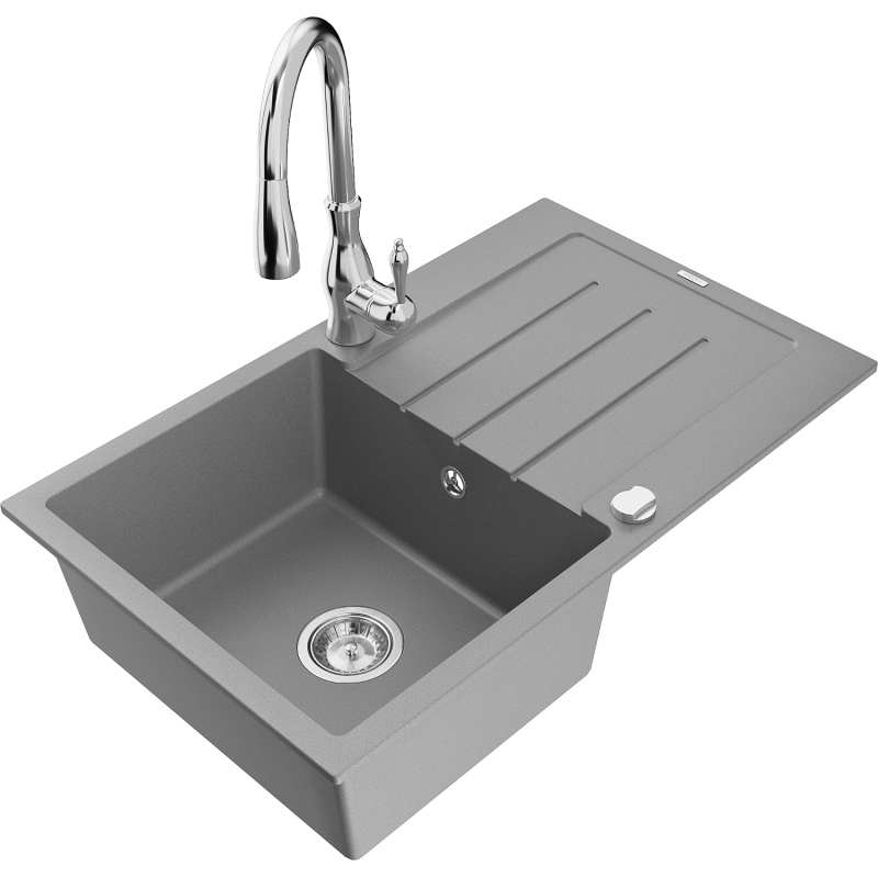 Mexen Bruno lava-loiça de granito de 1 cuba com escorredor e torneira de cozinha Savita, cinzento - 6513-71-672601-00
