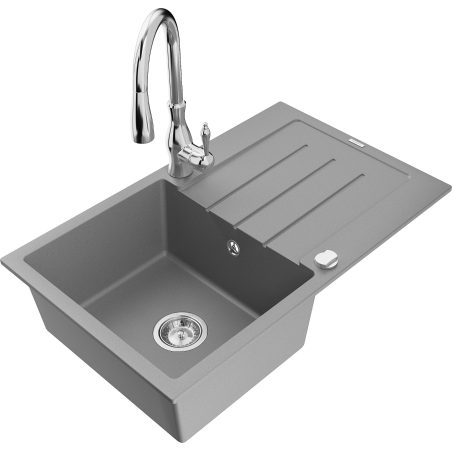 Mexen Bruno fregadero de granito de 1 seno con escurridor y grifo de cocina Savita, gris - 6513-71-672601-00