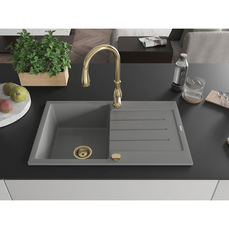 Mexen Bruno 1-bowl granite sink with drainer and Savita kitchen tap, grey - 6513-71-672601-50
