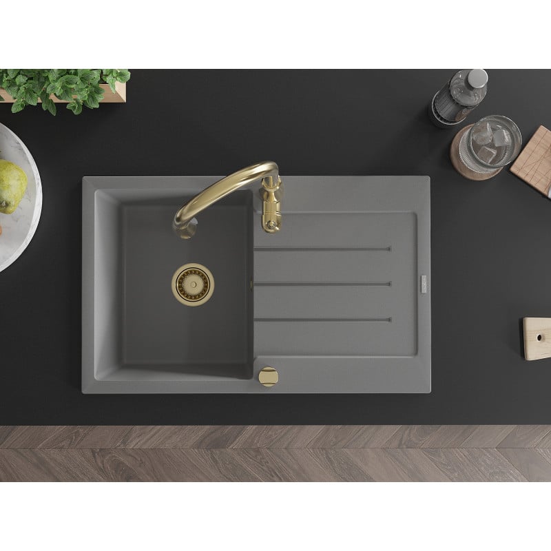 Mexen Bruno fregadero de granito de 1 cubeta con escurridor y grifo de cocina Savita, gris - 6513-71-672601-50