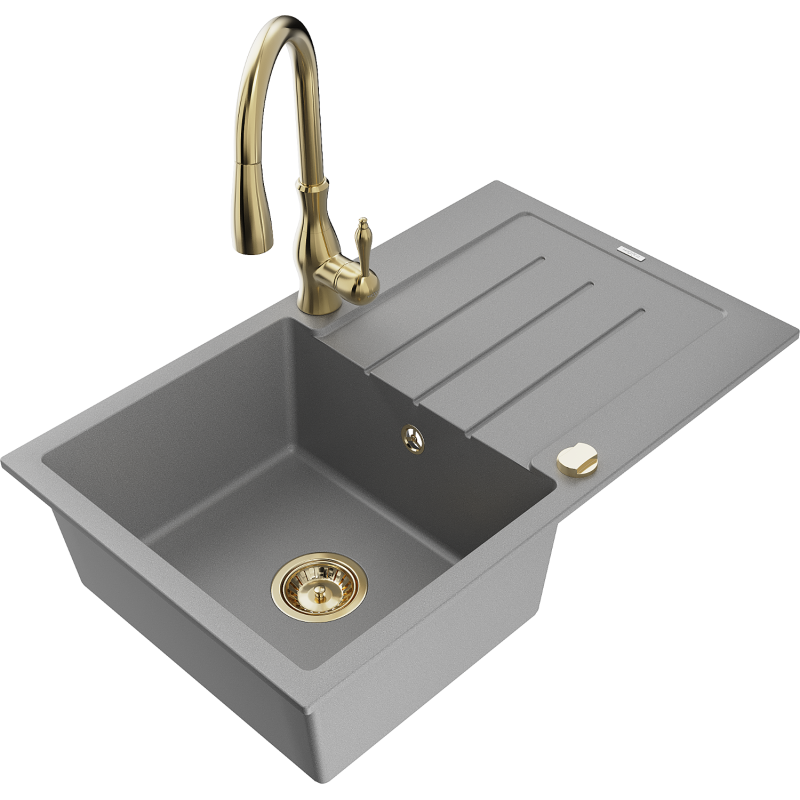 Mexen Bruno lava-louça em granito 1-cuba com escorredor e torneira de cozinha Savita, cinzento - 6513-71-672601-50