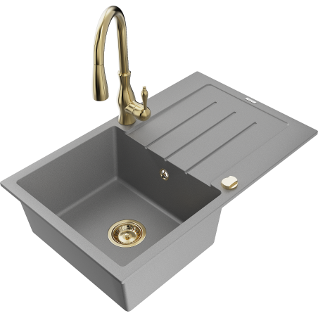 Mexen Bruno 1-bowl granite sink with drainer and Savita kitchen tap, grey - 6513-71-672601-50