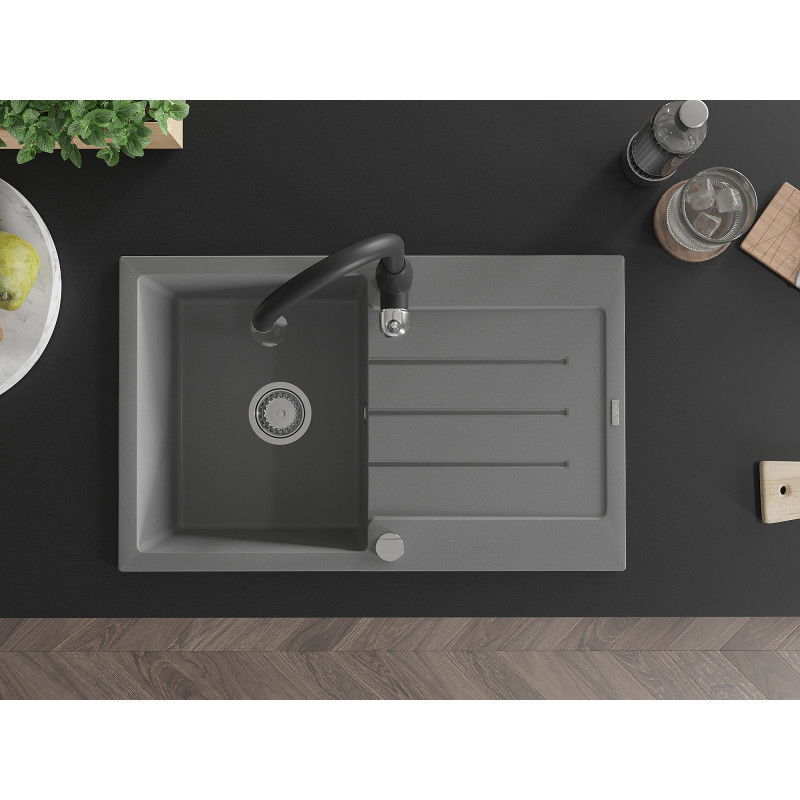 Mexen Bruno fregadero de granito de 1 cuenca con escurridor y grifo de cocina Savita, gris - 6513-71-672601-70