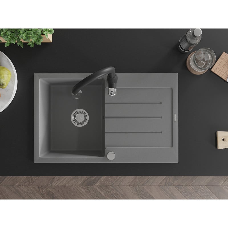 Mexen Bruno granitdiskbänk med 1 fack med avrinningsyta och köksblandare Savita, grå - 6513-71-672601-70