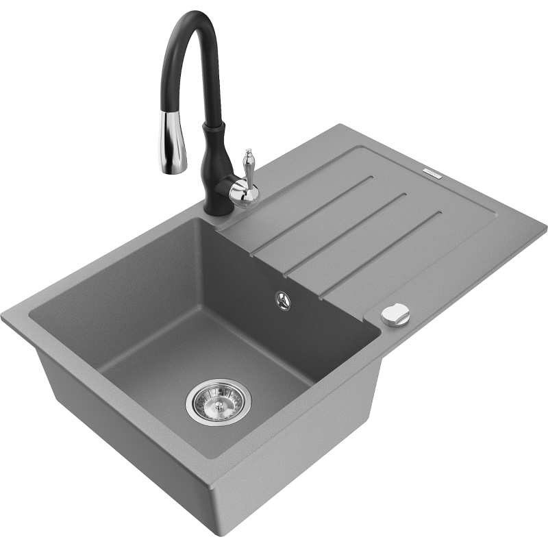 Mexen Bruno fregadero de granito de 1 cuenca con escurridor y grifo de cocina Savita, gris - 6513-71-672601-70