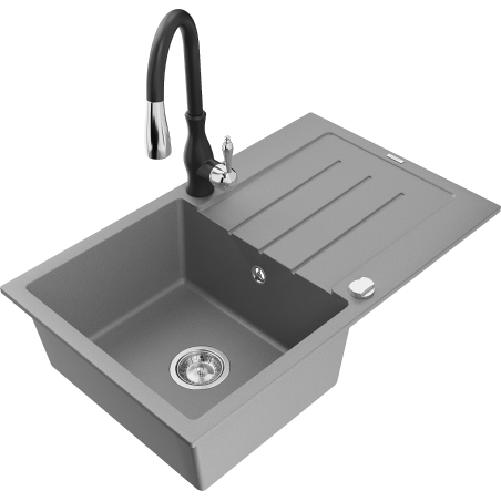 Mexen Bruno fregadero de granito de 1 cuenca con escurridor y grifo de cocina Savita, gris - 6513-71-672601-70