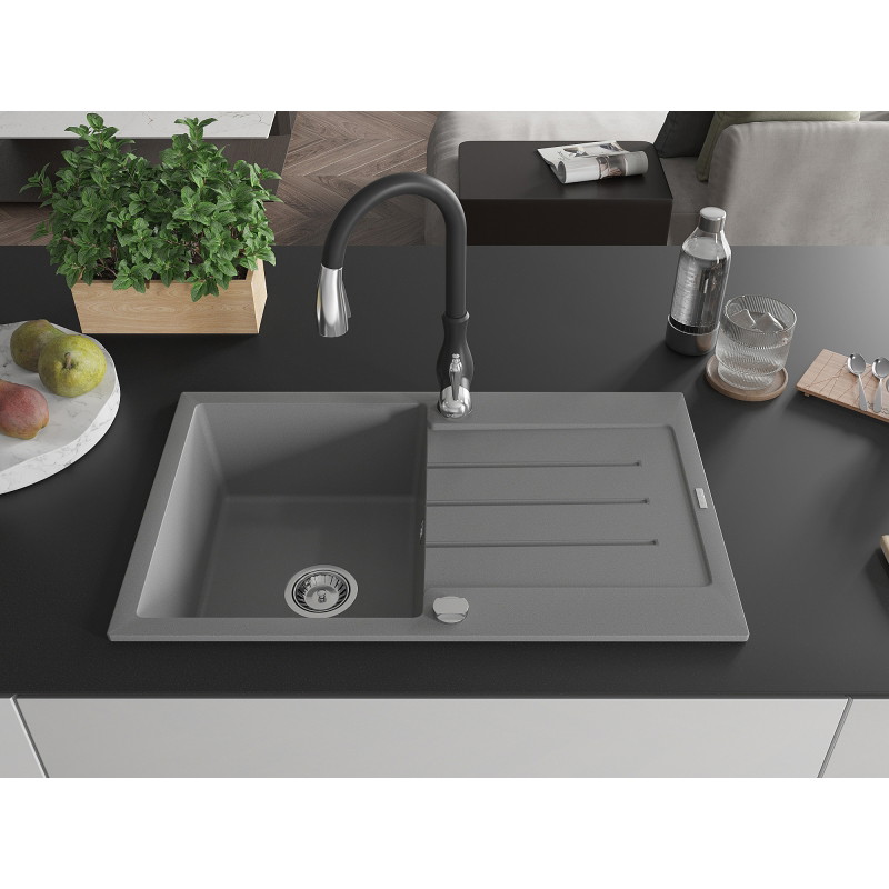 Mexen Bruno fregadero de granito de 1 seno con escurridor y grifo de cocina Savita, gris - 6513-71-672601-70