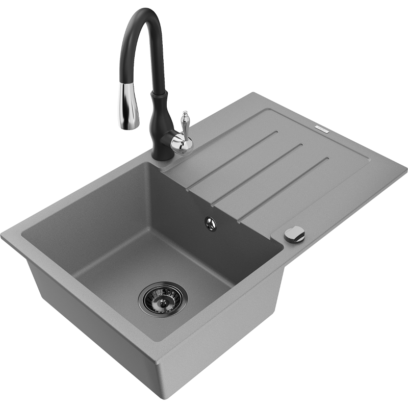 Mexen Bruno 1-bowl granite sink with drainer and Savita kitchen tap, grey - 6513-71-672601-70-B