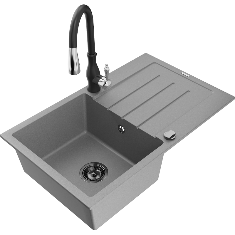 Mexen Bruno fregadero de cocina de granito de 1 seno con escurridor y grifo de cocina Savita, gris - 6513-71-672601-70-B