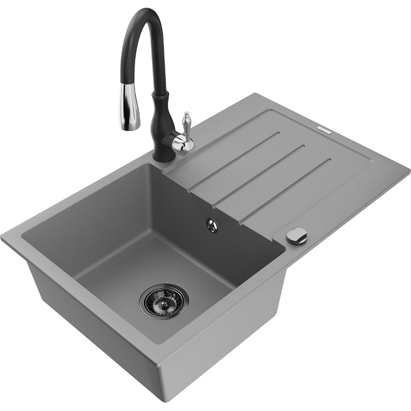 Mexen Bruno fregadero de granito de 1 seno con escurridor y grifo de cocina Savita, gris - 6513-71-672601-70-B
