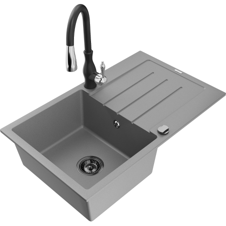 Mexen Bruno 1-bowl granite sink with drainer and Savita kitchen tap, grey - 6513-71-672601-70-B