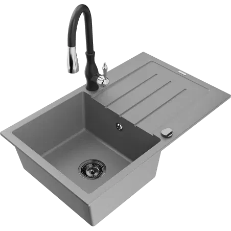 Mexen Bruno évier en granit 1 bac avec égouttoir et robinet de cuisine Savita, gris - 6513-71-672601-70-B