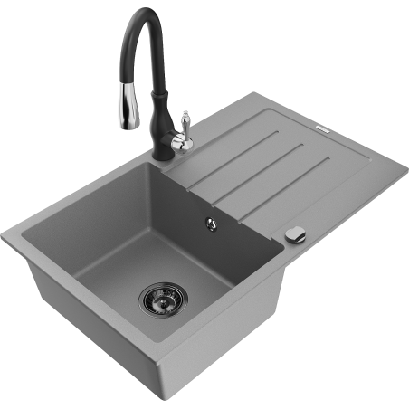 Mexen Bruno fregadero de cocina de granito de 1 seno con escurridor y grifo de cocina Savita, gris - 6513-71-672601-70-B