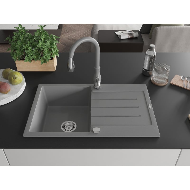 Mexen Bruno single-bowl granite sink with drainer and Savita kitchen faucet, gray - 6513-71-672601-71