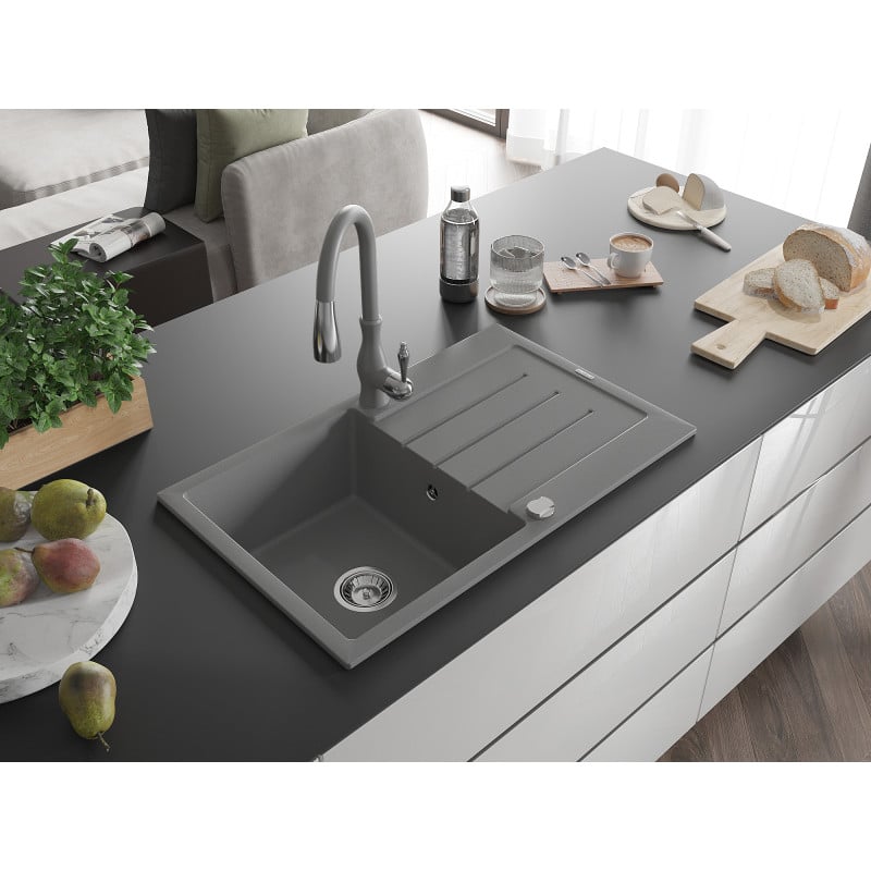 Mexen Bruno granite kitchen sink 1-bowl with drainer and Savita kitchen tap, grey - 6513-71-672601-71