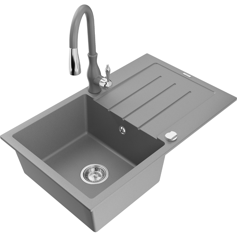 Mexen Bruno fregadero de granito de 1 cubeta con escurridor y grifo de cocina Savita, gris - 6513-71-672601-71