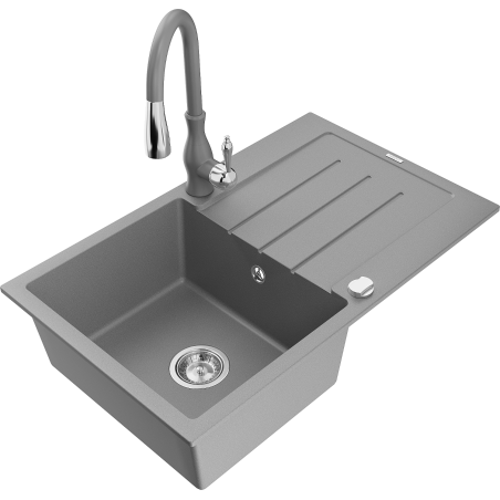 Mexen Bruno fregadero de granito de 1 cubeta con escurridor y grifo de cocina Savita, gris - 6513-71-672601-71