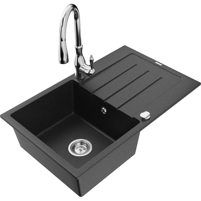 Mexen Bruno fregadero de granito 1 cubeta con escurridor y grifo de cocina Savita, negro/plateado metálico - 6513-73-672601-00