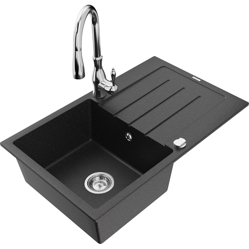Mexen Bruno granite sink 1-bowl with drainer and Savita kitchen tap, black/silver metallic - 6513-73-672601-00