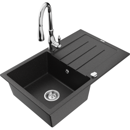 Mexen Bruno fregadero de granito 1 cubeta con escurridor y grifo de cocina Savita, negro/plateado metálico - 6513-73-672601-00