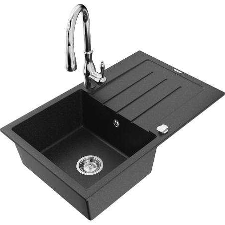 Mexen Bruno granite sink 1-bowl with drainer and Savita kitchen tap, black/silver metallic - 6513-73-672601-00