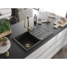 Mexen Bruno granite sink, 1-bowl with drainer and Savita kitchen tap, black/silver metallic - 6513-73-672601-50