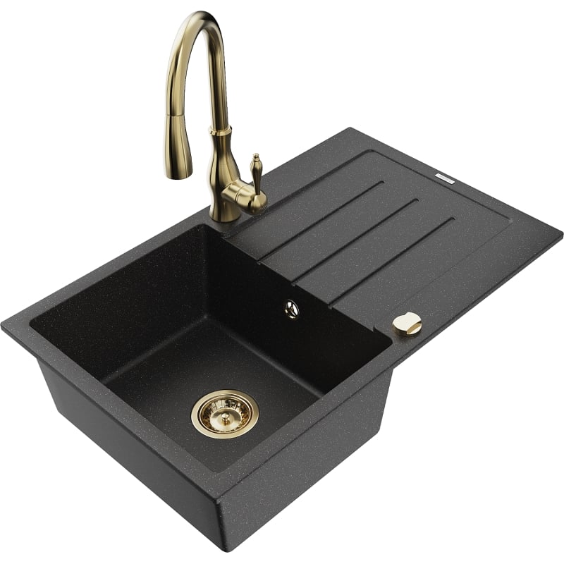 Mexen Bruno granite kitchen sink 1-bowl with drainer and Savita kitchen faucet, black/silver metallic - 6513-73-672601-50