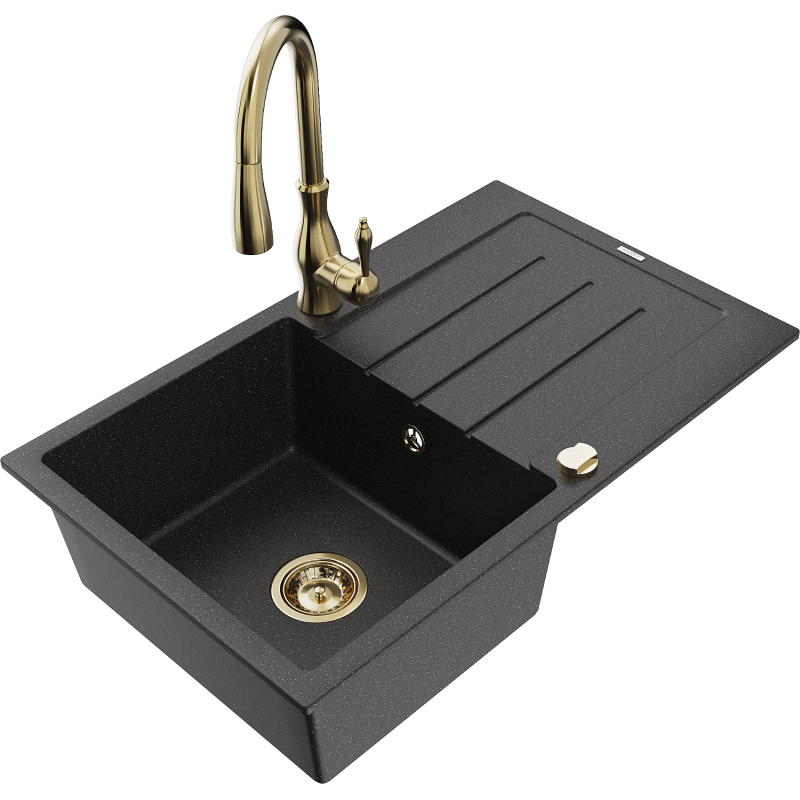 Mexen Bruno lava-louça de granito de 1 boca com escorredor e torneira de cozinha Savita, preto/metálico prateado